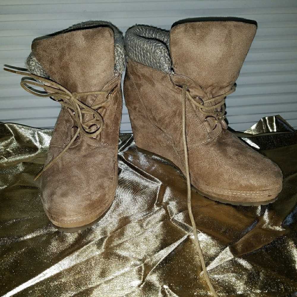 Tan Lace Up Wedge Bootie